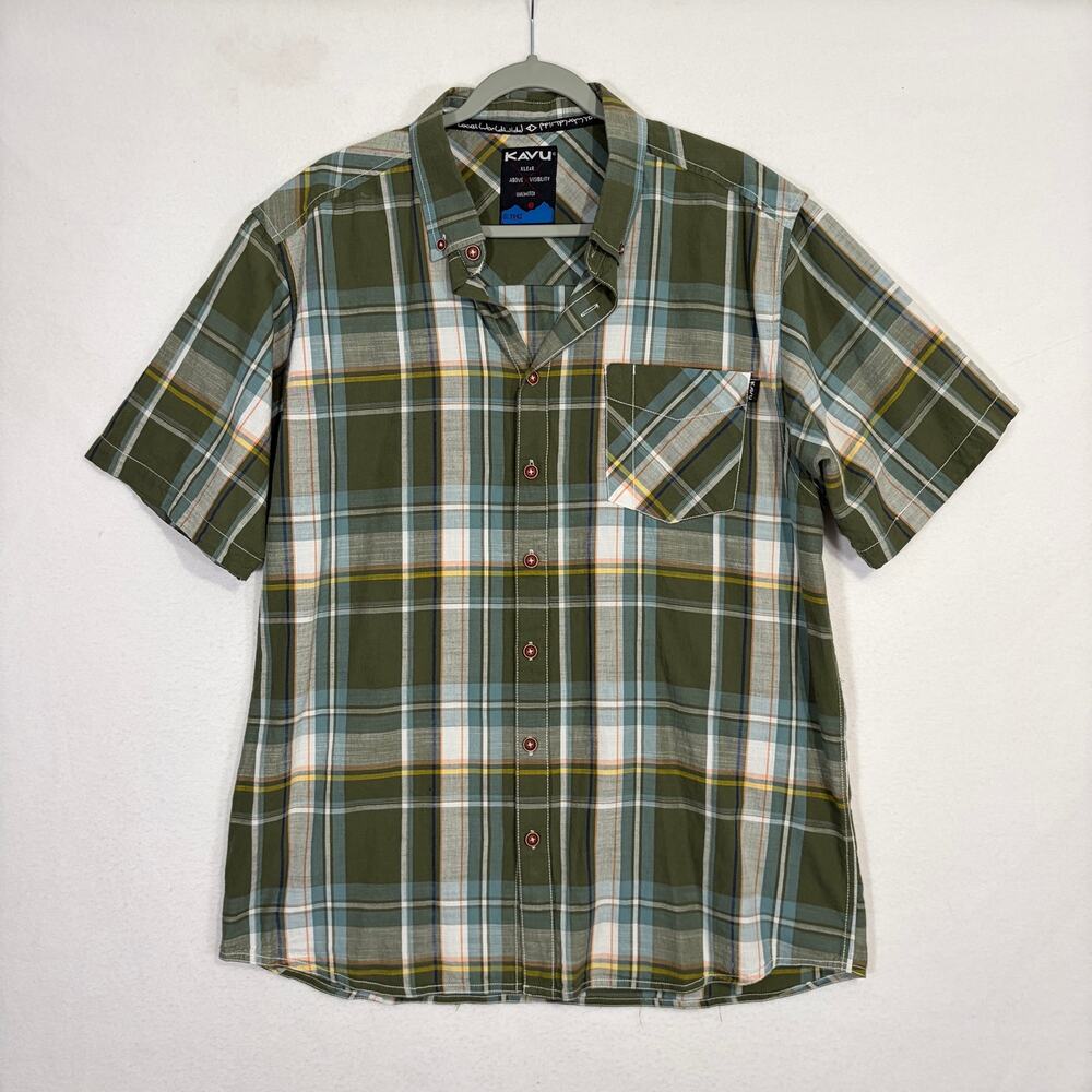 Kavu Button Down Shirt Mens XL Green White Plaid Short Sleeve 100% Cotton